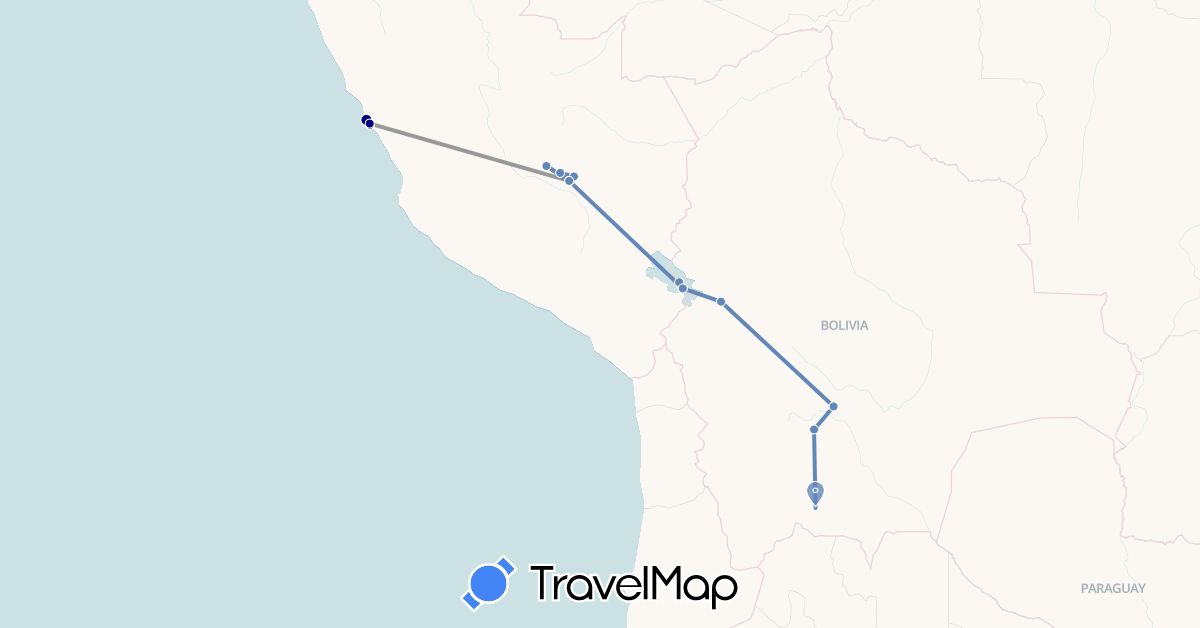 TravelMap itinerary: driving, plane, cycling in Bolivia, Peru (South America)